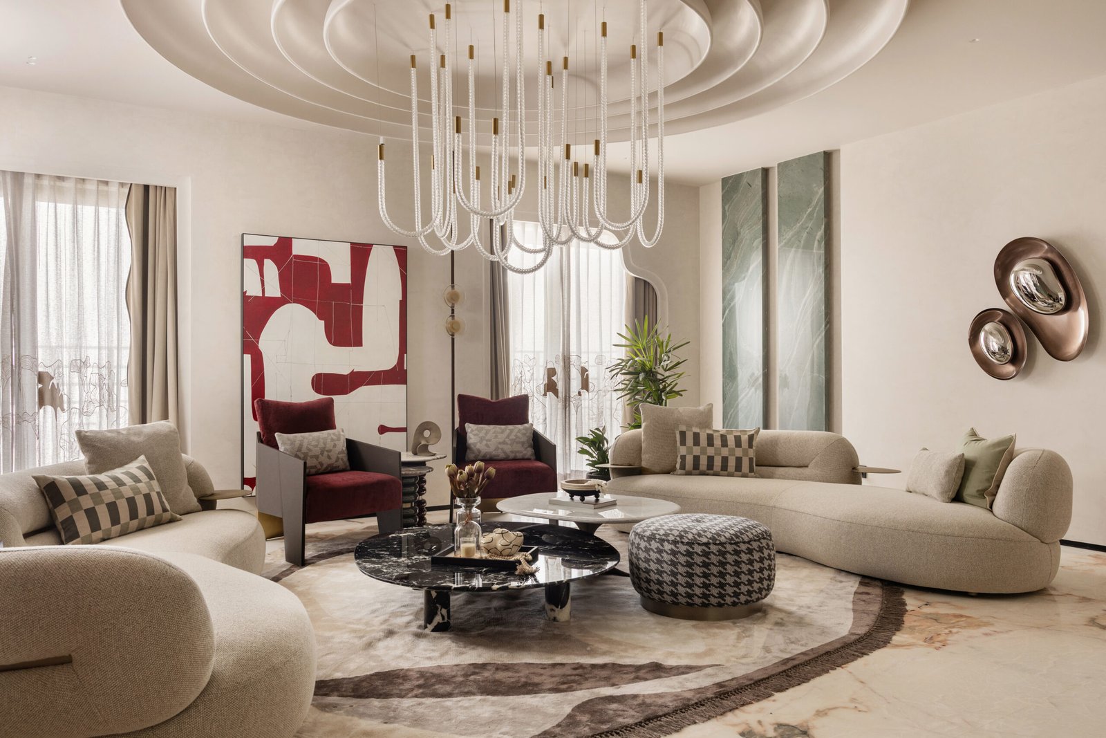 Contemporary interior with sculptural furniture and architectural detailing
